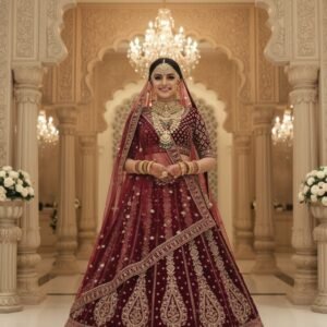 👰 majestic maroon velvet bridal lehenga set