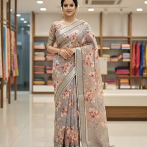 🌸 product description: sky blue floral linen saree (copy)