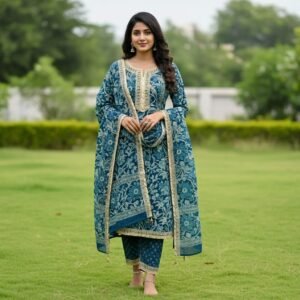 peach floral printed kurta with teal pants (copy)