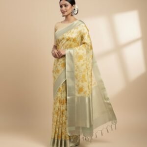 🌺 creamy beige saree with rustic floral prints and striped border (copy)